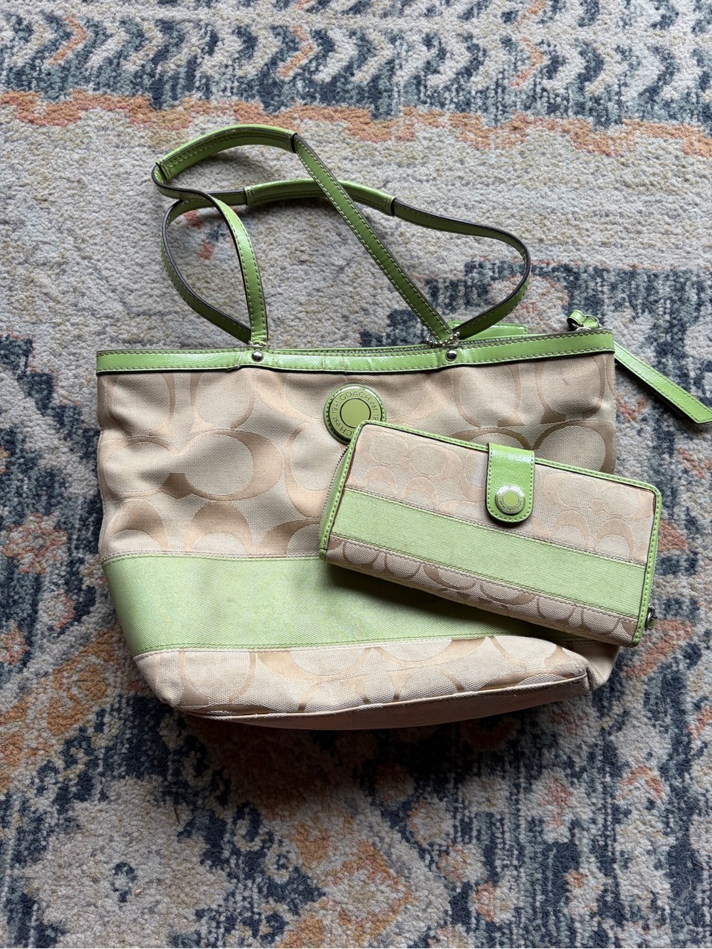 Coach Beige Signature Canvas Tote with Light Green Trim and Wallet